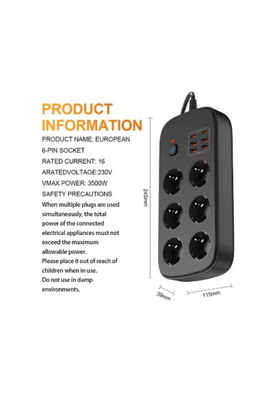 Termal Akım Korumalı 6 Lü Priz 4x Usb 2x Type-c Çıkışlı Grup Priz Çoğaltıcı 3500w Siyah 2 M