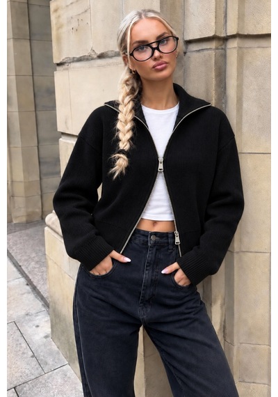Cool Tarz Kadın Stardart Beden Çift Fermuarlı Dik Yaka Crop Triko Hırka Siyah Siyah