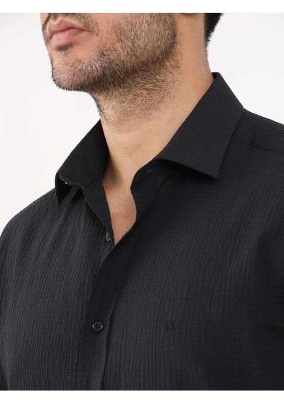 Dufy Siyah Erkek Slim Fit Gofre Desenli Brent Yaka Uzun Kol Gömlek - 104815-siyah Siyah