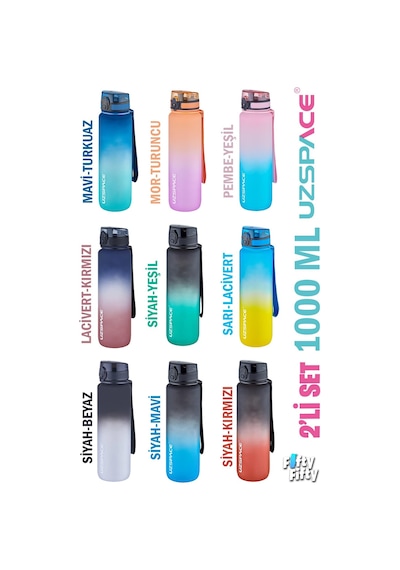 Uzspace 2'li Tritan Matara Seti 1000ml Büyük Boy Çift Renk Softtouch Ff Collection Tritan Su Matarası Mor Turuncu - Pembe Yeşil
