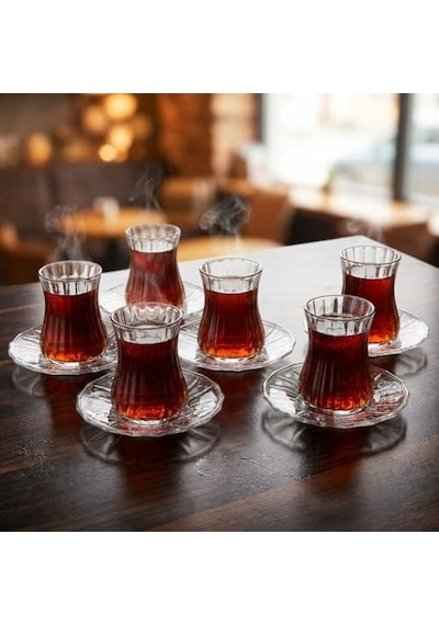 12 Parça Çay Seti - 6 Adet Fitil Desenli Cam Çay Bardağı Ve 6 Adet Cam Çay Tabağı - Isıya Dayanıklı Çay Tak Diğer