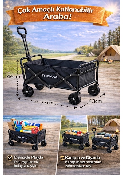 Thomax Çok Amaçlı Katlanabilir Araba Ve Taşıma Arabası Kamp,piknik,plaj,pazar, Market Arabası