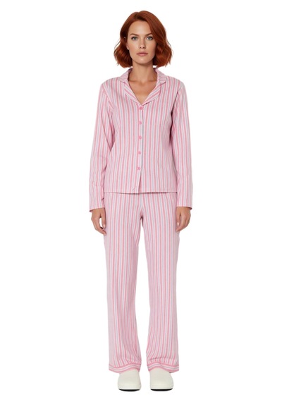 Ersefa Kadın Çizgili Gömlek Yaka Pijama Takımı Fonksiyonel Dayanıklı Kal Pembe