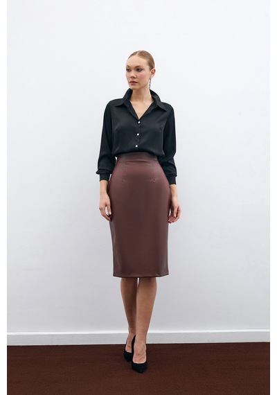 Sateen Deri Kalem Etek - Kahve-135594 Kahve