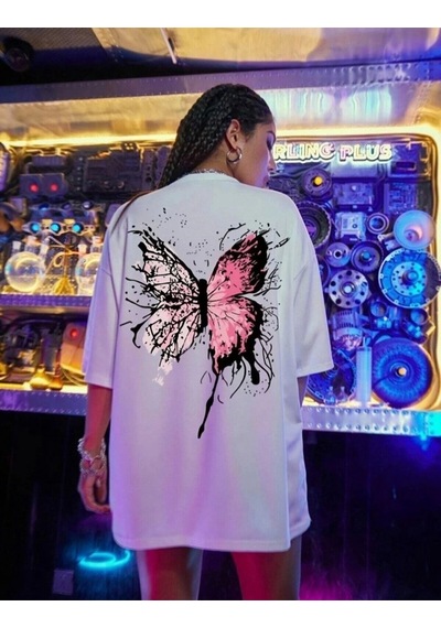 Wear Vexel Kadın Tişört Kelebek Baskılı Oversize Kısa Kol T-shirt - Beyaz Beyaz