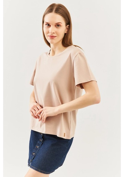 Kadın Rahat %100 Pamuklu Penye Bisiklet Yaka Kısa Kol Basic T-shirt Sütlü Kahve