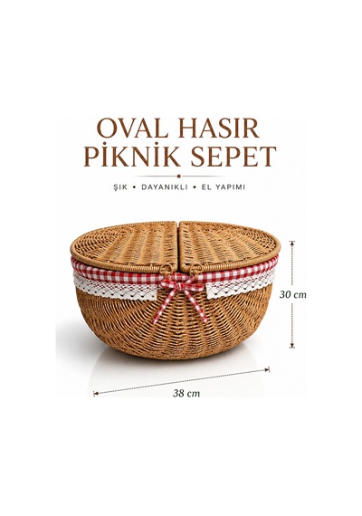 Hasır Görünümlü Oval Sepet 38 Cm + Piknik Seti 5 Parça Krem