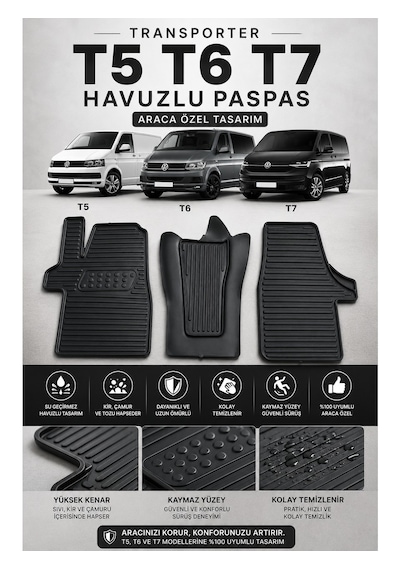 Volkswagen Transporter T5 T6 T7 Havuzlu Oto Paspas 3 Parça Araca Özel Siyah Kaymaz Su Geçirmez