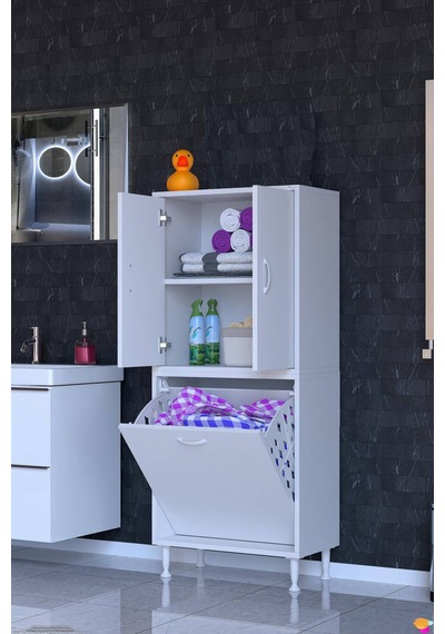 Deniz Kirli Sepetli Ve Kapaklı Raflı, Çok Amaçlı Banyo Dolabı - 55 X 138 X 32,5 Cm 55 Cm