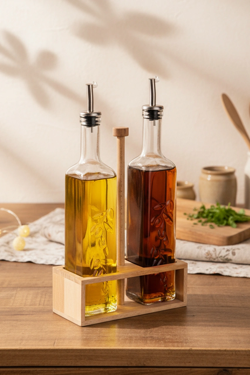 Snippy Verra - 2'li Ahşap Tutmalı Standlı Cam Yağdanlık Damlatmaz Yağlık Sirkelik Zeytinyağı Şişesi Soft 500ml Ahşap