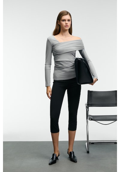 Grımelange VELMEA Kadın Asimetrik Yaka Omuz Detaylı Slim Fit Açık Gri Bluz