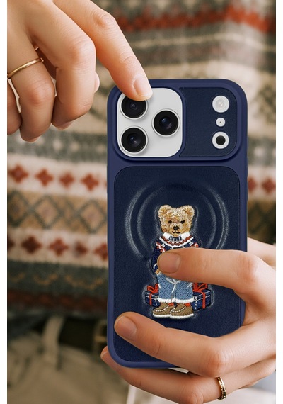 Zuckbear iPhone 17 Pro İçin Kılıf 3d Figürlü Pu Deri Yüzey Manyetik Şarj Destekli Kapak Aristo Lacivert
