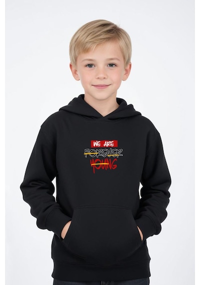 Panios Kids Kapüşonlu Kanguru Cepli Foreever Baskı Detaylı Erkek Çocuk Sweatshirt Siyah
