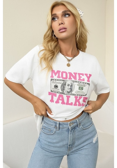 Money Talk Baskılı Unisex Tişört BEYAZ
