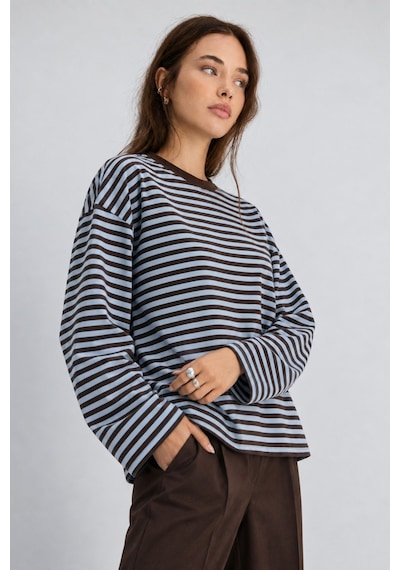 Hiccup Bıpantolon Kadın Oversize Çizgili Bisiklet Yaka Sweatshirt Mavi