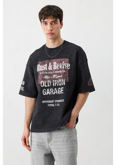 Vamos Oversize Baskılı Tişört V70-167 Siyah