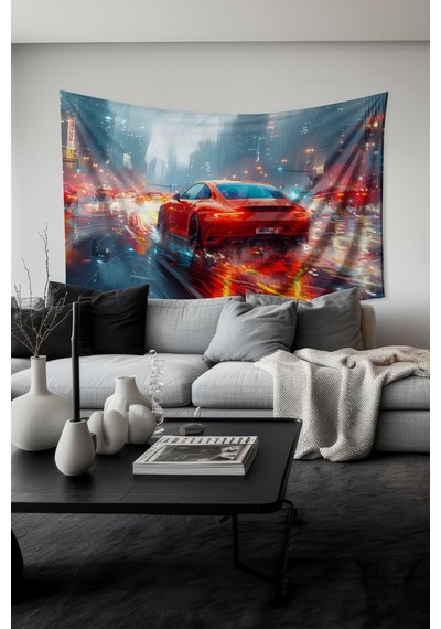 Kırmızı Spor Araba Desenli Duvar Halısı Duvar Örtüsü Tapestry Süet Dokulu Kumaş
