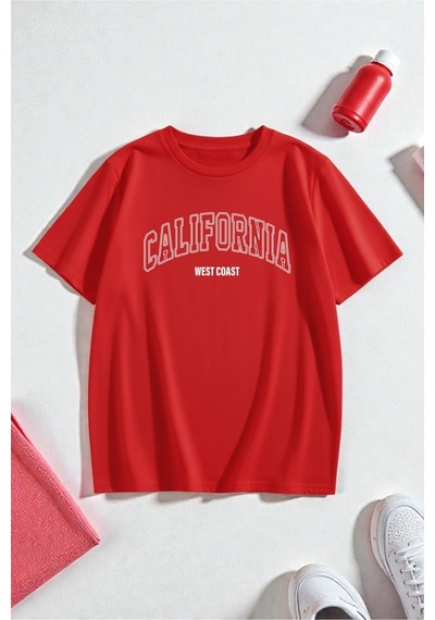 Uyguntarz Unisex West Coast Baskılı Oversize Tshirt Kırmızı