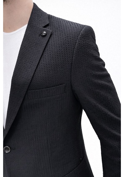 Erkek Yazlık Dokulu Kumaş Tek Düğme Ceketli Jogger Pantolonlu Takım Elbise Slim Fit Spor Şık Kombin Siyah
