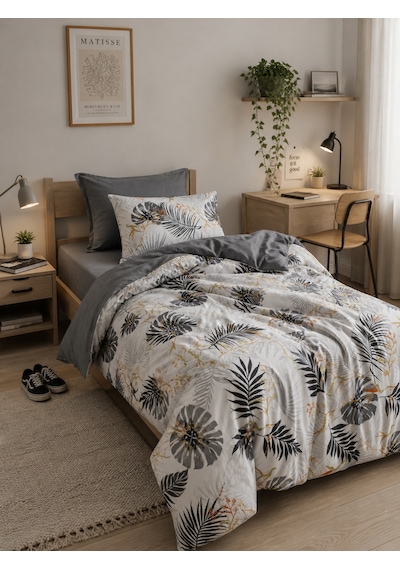 Mystory Home Lastikli Çarşaflı Tek Kişilik Nevresim Takımı Monstera Gri Gri
