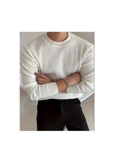 Cool Tarz Erkek Beyaz Bisiklet Yaka Slim Fit Triko Kazak Beyaz Beyaz