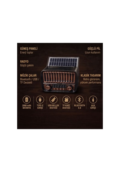 Solar Panelli Fm Radyo - Şarjlı - Bluetooth Özellikli - Aux Girişli - Nostaljik Tasarım Çok Renkli
