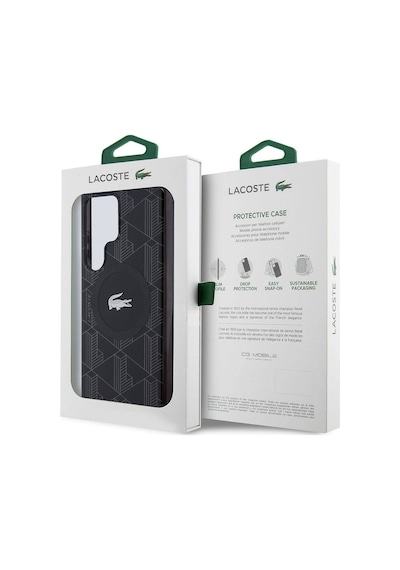 Galaxy S24 Ultra Uyumlu Kılıf Lacoste Lisanslı Magsafe Özellikli Timsah Logolu Blend Monogram Siyah