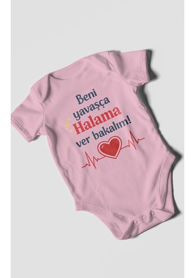 Morivokids Beni Yavaşça Halama Ver Bakalım Kısa Kollu Bebek Body %100 Pamuk Koyu Pembe