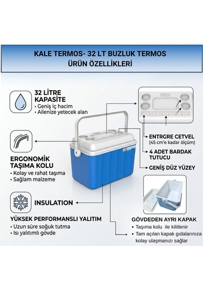 32 Lt Buzluk Termos + 1 Adet K 350 Buz Aküsü-450 Mavi