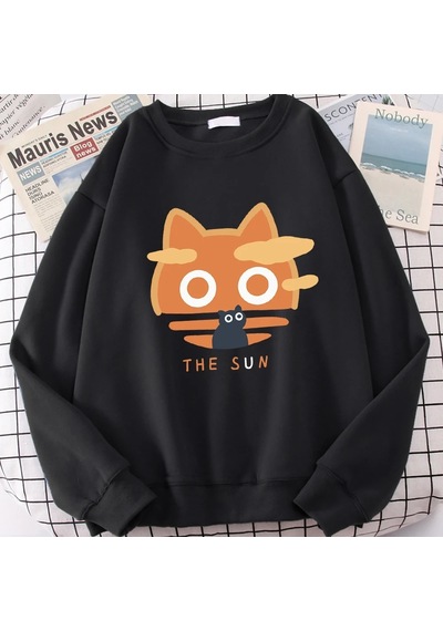 Startmore Tarzsokak Güneş Turuncu Kedi Eğlenceli Sevimli Baskı Karikatürler Hoody Erkekler Gevşek Giyim Sonbahar Siyah