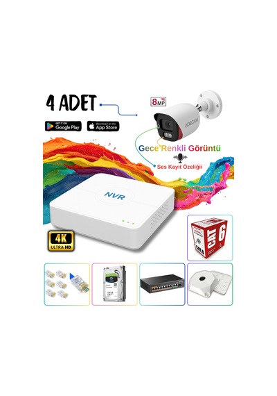 Adecam 4 Lü Full Hd Ip Güvenlik Kamera Sistemi - Gece Renkli & Sesli Set + 30 Gün Kayıt, Cepten İzleme