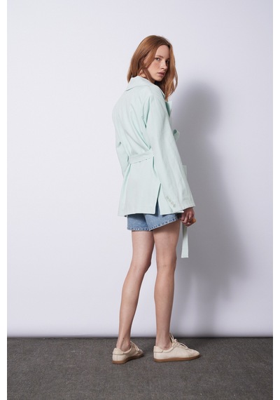 Keten Karışımlı Kuşaklı Blazer Ceket Mint