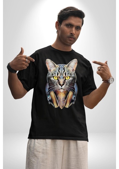 Kulaklık Kedi Pamuklu Bisiklet Yaka Unisex Oversize Boyfriend Dijital Baskılı Siyah T-shirt Siyah