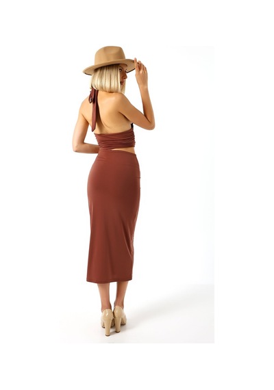 Gugus Kadın Sandy Kumaş İçi Astarlı Maxi Boy Büzgülü Etek 85 Cm Açık Kahve