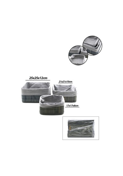 Kare Bambu Kenarlı Organizer Sepet - Bezli Ahşap Taban 3 Boy, 17x21x25 Cm Çok Renkli