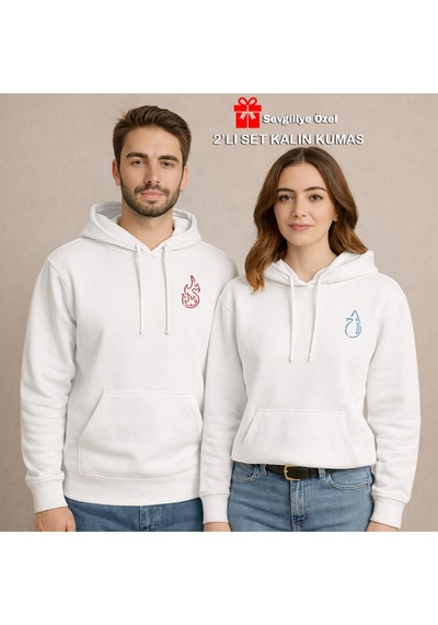 Nevermind Sevgili Çift Kombin Ateş Ve Su Baskılı Hoodie Unisex Oversize Ka Beyaz