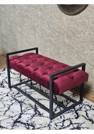 Zafir Siyah Boyalı Metal 80 Cm Puf Bench - Antre Puf - Hol Bench - Puf - Oturak - Bench Bordo