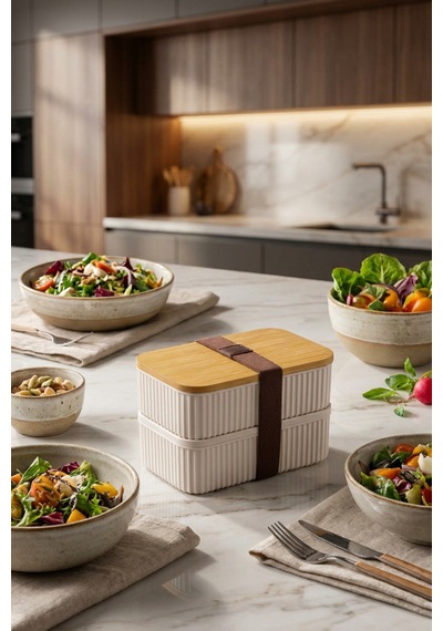 Makri Home Bambu Kapaklı 2'li Saklama Kabı Seti 0,5+0,5 Litre Üst Üste Konabilir 15x9x10 Cm Krem