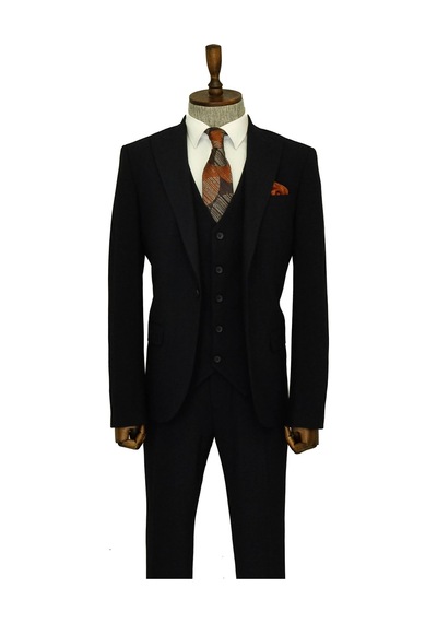 Tek Düğmeli Slim Fit Lacivert Yelekli Erkek Takım Elbise - Wessi Navy Blue