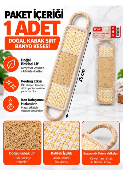 Hanex Doğal Kabak Lifi Sırt Kesesi Uzun Çift Saplı Banyo Duş Kesesi, Peeling Vücut Temizleme Lifi