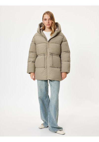 Koton Kapşonlu Şişme Mont Oversize Cepli Fermuarlı Vizon 5wak00171ew Vizon