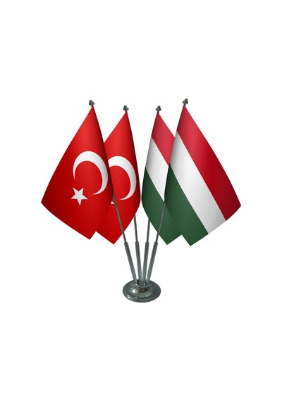 Masa Üstü Macaristan Bayrağı Türk Bayrağı Dörtlü Krom Direk Masa