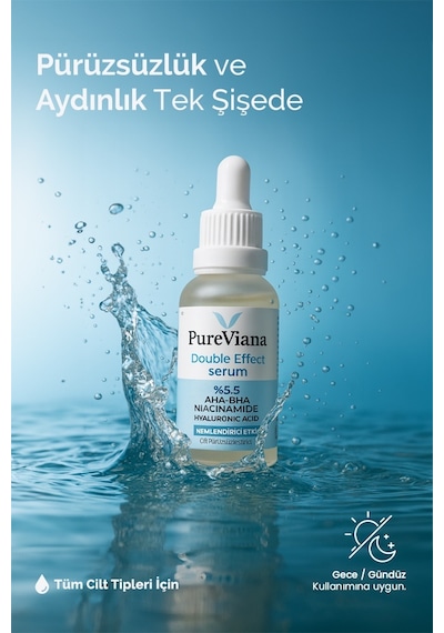 Pureviana Double Effect Serum 30 ML Aha-bha + Niacinamide + Hyaluronik Asit Aydınlatıcı, Gözenek Sıkılaştırıcı, Ton Eşitleyici