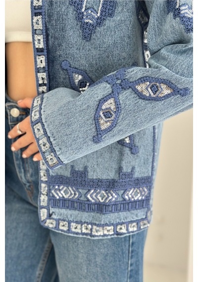 Femelle Etnik Desenli Pul Payet Nakışlı Denim Kot Ceket Vintage Bohem Tarz - 2789 mavi