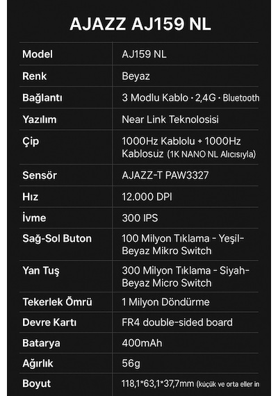 Aj159 Nl Near-link 3 Modlu 1000hz 12.000 Dpı 400 Mah Batarya Paw 3311-yeni Nesil Bağlantı Modu Diğer