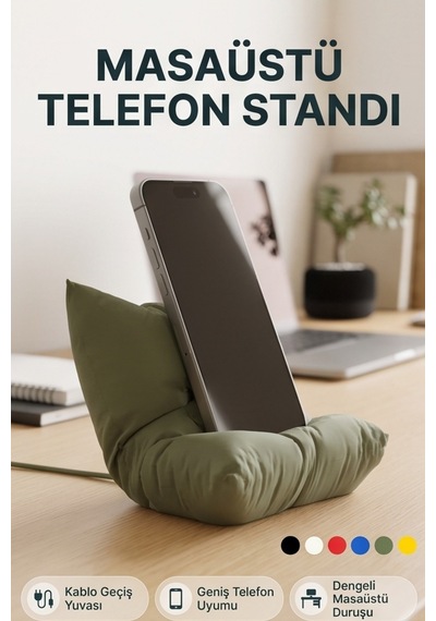 Masaüstü Telefon Standı Yastık Tasarımlı Şarj Girişli Telefon Tutucu Yeşil