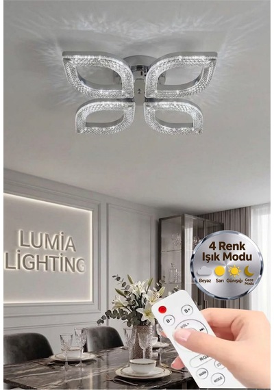 LumiaLighting Yonca Model Gümüş Kumandalı 4"lü Ledli 3 Renk Modu Kristal Salon Mutfak Yatak Çocuk Odası Avize