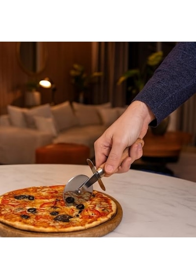 Pizza Kesici Ahşap Saplı Paslanmaz Çelik, Yuvarlak Bıçaklı Pizza Dilimleyici Ergonomik, Dayanıklı, Şık T Diğer