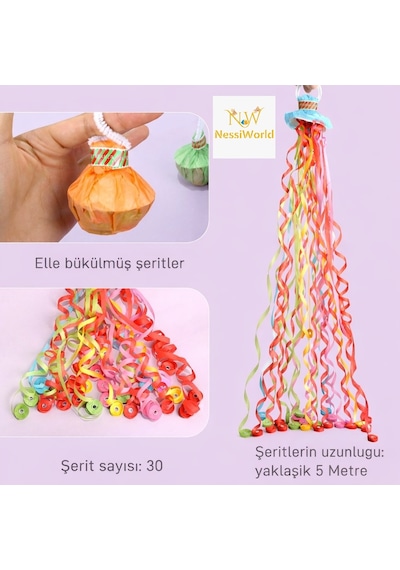 30 Şeritli Renkli Elle Atılan Konfeti 5 Metre Uzayan Şerit Konfeti 1 Adet 6 Yaş