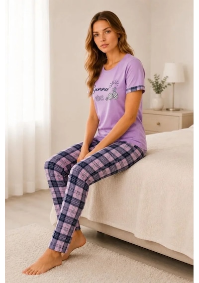 Modi Pamuklu Penye Summer Baskılı Kısa Kollu Pijama Takımı Bisiklet Yaka Ekose Desenli - Lila Çok Renkli